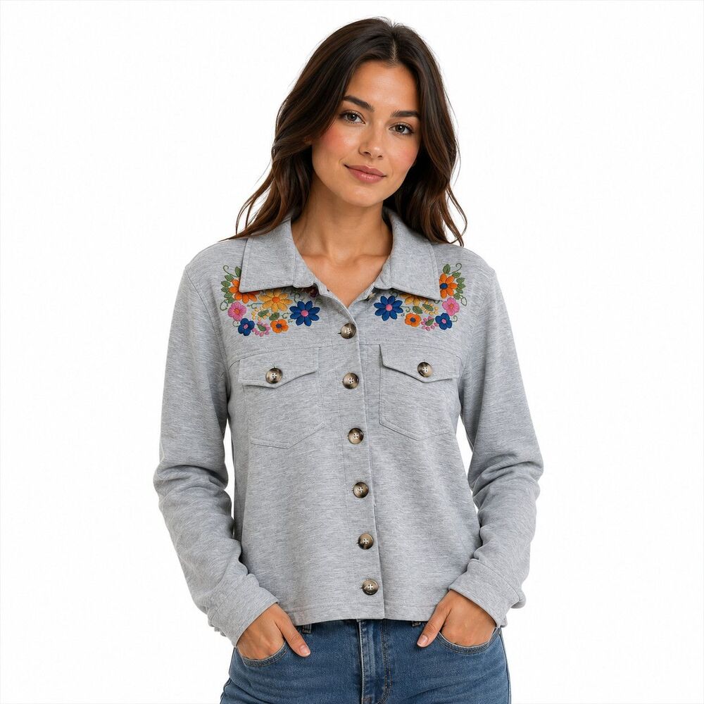 Sister Mary Jacket Womens Small Gray Embroidered Floral Button Front Boho